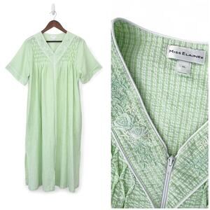 Miss Elaine Seersucker Long Robe | Green Short Sleeve Embroidered Full Zip | XL